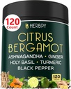 6in1 Citrus Bergamot Supplement with Ashwagandha, Holy Basil, Turmeric & Ginger Root - Sağlıklı Ağlama, Immune & Relaxation - 120 Vegan Capsules