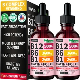 (2 Pack) Vitamin B12 ve B6 Sıvı Durağı, B12 Sublingual Vitamin B Kompleksi - B 12 5000 Cebrail - B12 Mekobalamin for Energy, Brain, and Heart Support with 27,200 mcg, Strawberry, 80 Servisler