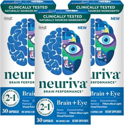 NEURIVA Brain + συμπλήρωμα ματιών για τη μνήμη, εστίαση & συγκέντρωση με κλινικά ελεγχόμενη λουτεΐνη και ζεαξανθίνη, βιταμίνες A C & E + ψευδάργυρος για την υγεία των ματιών & φίλτρο μπλε κάψουλες 30 κόμη (3 Pack)