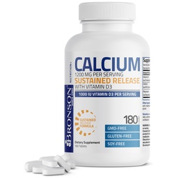 Bronson Ασβέστιο 1200 MG ανά Σερβίρισμα Παρατεταμένη Απελευθέρωση με Βιταμίνη D3 1000 IU Βιταμίνη D3 ανά Σερβίρισμα Μη- ΓΤΟ, 180 δισκία