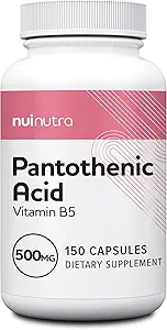 NUI NUTRA Pantothenic Acid (Vitamin B5) Συμπλήρωμα 500mg, 150 κάψουλες - Υποστηρίζει την ενέργεια, Focus, Digestive System, & Healthy Skin