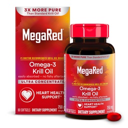 MegaRed Antarctic Krill Oil 750mg, Omega 3 Fatty Acid Supplement, Ultra Concentrate EPA & DHA Softgels, Antioxidant Astaxanthin, Heart Health Supplement with No Fish Oil Aftertaste, 80ct