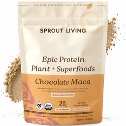 Sproout Living Epic Protein, Πρωτεΐνες & Superfoods με βάση φυτά σκόνη, σκόνη σοκολάτας Maca 20 γραμμάρια οργανική πρωτεΐνη σκόνη, Vegan, μη γαλακτοκομικά, μη ΓΤΟ, Χωρίς γλουτένη, χαμηλή ζάχαρη (1 λίρα, 12 σερβίροντας)