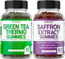 Green Tea Fat Burner (60 Kont) Kilo Kaybı Fat Burner Yetişkinler ve Saffron Supplements (60 Gummies) Premium Şeker Ücretsiz Gummy - 5 in 1 Gelişmiş Formula - Vegan Güvenli & ABD Made