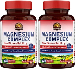 Vitalitown Magnesium Complex 2 συσκευασίες, 240 κάψουλες, NSF Certified Magnesium Glycinate, Malate, Taurate & Citrate, Chelated Forms, Υψηλή Απορρόφηση, Οστά, Καρδιά, Ύπνος & Πέψη