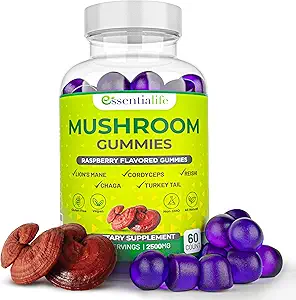 Essentialife Lions Mane Mushroom Supplement | 5in-1 Mushroom Gummies with Turkey Tail, Cordyceps, Reishi, Chaga Extract | Brain Focus ve Immune Support for Women Men, Raspberry Flavor, 60 ctt