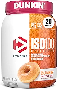 Dymatize x Dunkin' Glazed Donut ISO100 Whey Protein Powder, 25g πρωτεΐνης, 5.5g BCAAs, 120 Cal., Χωρίς γλουτένη, 1g λίπος, 1g ζάχαρη, 2g υδατάνθρακες (20 μερίδες)