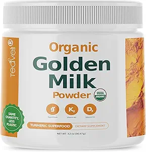 Organic Golden Milk Powder with Vitamins D3 & K2, Turmeric, Ginger, Curcumin, Cinnamon, KSM66 Ashwagandha, Holy Basil & Natural Prebiotics– Delicious Unsweetened Turmeric Tea Latte- 30 Servings
