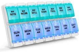 Sukuos AM PM Weekly 7 Day Pill Organizer, 2 φορές A Day Pill Box with Arthritis Friendly Push Button, Medicine Cases for Vitamin/Fish Oil/Supplements, Easy to Clean (Cyan&Blue)