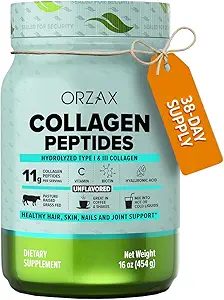ORZAX Collagen, Toz - 11 g Collagen Type I & III, Biotin & Hyaluronic Asit, 16 oz (Unflavored)