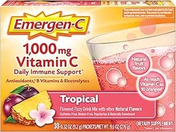 Emergen-C 1000mg Βιταμίνη C σε σκόνη, με Αντιοξειδωτικά, Β Βιταμίνες και Ηλεκτρολυτικά, Βιταμίνη C Συμπληρώματα για την Ανοσολογική Υποστήριξη, Καφεΐνη Δωρεάν Fizzy Mix, Τροπική Γεύση - 30 Count/1 Μήνας Προμήθεια