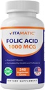 Vitamatic Folic Asit 1000 mcg (1 mg) - Vejetaryen Tabletler - 1667 mcg DFE - Vitamin B9 (240 Kont)