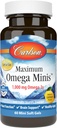 Carlson - Μέγιστο Ωμέγα Minis, 1000 mg Ωμέγα-3, λειτουργία καρδιάς, υποστήριξη εγκεφάλου & υγιή γήρανση, λεμόνι, 60 Mini Softgels