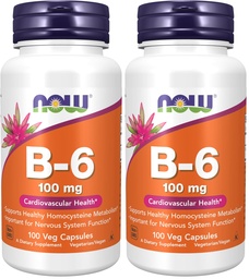 NOW Συμπληρώματα, Βιταμίνη B-6 (Pyridoxine HCl) 100 mg, Καρδιαγγειακή Υγεία *, 100 Κάψουλες Veg (πακέτο των 2)