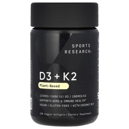 Sports Research Βιταμίνη D3 με K2 Softgels - Plant Based K2 & Vegan D3 5000iu with Coconut MCT Oil - Vegan Certified, Soy & Gluten Free - 120 Count