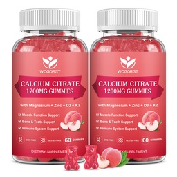 Κιτρικό ασβέστιο 1200mg Gummies με βιταμίνη D3, K2 - Μασώμενο ασβέστιο Μαγνήσιο Ψευδάργυρος d3 συμπλήρωμα με εκχύλισμα θαλασσινού μόσχου για οστά, δόντια, ανοσοποιητική υποστήριξη για γυναίκες & άνδρες, Peachάκινο άρωμα-60 Gummies(2Pack)