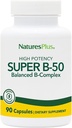 Natures Plus Super B50-90 Vegetarian Capsules - High Potency B Complex Vitamin Supplement - Brain & Energy Booster - Gluten-Free - 90 Servings