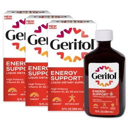 Geritol Liquid Vitamin and Iron Supplement, Energy Support, Περιέχει υψηλής ισχύος B-βιταμίνες και σίδηρο, ευχάριστη γεύση, εύκολο να καταπιούν, χωρίς τεχνητά γλυκαντικά, μη GMO, 12 Oz, 3 συσκευασίας