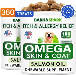 BARK&SPARK (πακέτο των 2 Ωμέγα 3 για σκύλους - 360 τσίχλες ιχθυελαίου για σκυλοβόμβακα, Αλλεργία του δέρματος, Itch Relief, θεραπεία καυτές κηλίδες - Κοινή Υγεία - Skin & Coat Supplement - EPA&DHA Λιπαρά οξέα