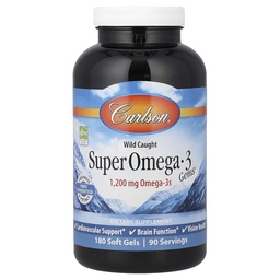 Carlson - Super Omega-3 Gems, 1200 mg Omega-3s, Καρδιαγγειακή Υποστήριξη, Εγκεφαλική Λειτουργία & Υγεία Οράματος, 180 μαλακά τζελ