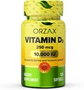 ORZAX Βιταμίνη D3 10000 iu (250 mcg) – Μη ΓΤΟ, Χωρίς γλουτένη, Χωρίς ζάχαρη, Χωρίς γαλακτοκομικά – 120-Ημέρες Προσφορά για Ισχυρή Μυϊκή Λειτουργία & Ανοσοποιητική Υποστήριξη – Συμπλήρωμα Αρώματος για Ευεξία (120 Softgel)