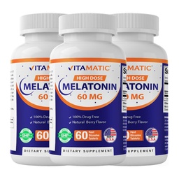 Vitamatic Melatonin 60 mg Fast Dissolve Tablets - 60 Vegan Natural Berry Flavor Tablets - Μη- Habbit Forming - Μη- ΓΤΟ, Χωρίς γλουτένη (3 φιάλες)