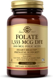 Solgar Folate 1,333 mcg DFE (Folic Acid 800 mcg) - 250 δισκία - Προγεννητική Υποστήριξη - Μη ΓΤΟ, Vegan, Χωρίς γλουτένη, Χωρίς γαλακτοκομικά, Kosher - 250 σερβιρίσματα