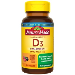 Nature Made Vitamin D3 5000 IU (125 mcg) Επιπλέον δύναμη, συμπλήρωμα βιταμίνης D για ανοσοποιητική υποστήριξη, 70 δισκία ταχείας διάλυσης χωρίς ζάχαρη, 70 ημέρες προσφοράς