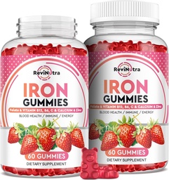 Iron Gummies - με ασβέστιο, ψευδάργυρο, φολικό & βιταμίνη B12, C, B6 για ενήλικες & παιδιά - Blood Builder & Energy Support for Iron Deficiency, Anemia, Vegan - 2 Pack Frowma Flavour,60 Gummies