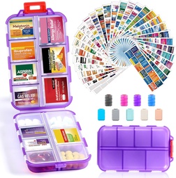 14 Grids Travel Pill Organizer Box με 415-Pcs Medicine Name Labels, Pocket Daily Pharmacy Case Container, Travel Medication Holder Dispenser Kit για Fish Oil Συμπλήρωμα αποθήκευσης - Καθαρό μωβ