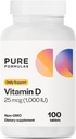 PureFormulas Vitamin D3 1. 000 IU 25 mcg - Premium συμπλήρωμα βιταμίνης D για υγιή σχηματισμό των οστών, δόντια, καρδιοαγγειακή υγεία, και ανοσοποιητική υποστήριξη Μη- ΓΤΟ - 100 δισκία κόμη