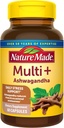 Nature Made Multi + Ashwagandha, Daily Stres Yardımı için Kadınlar ve Erkekler için Çokvitamin, Erkekler ve Kadınlar için Çokvitamin, Bir Gün Erkekler ve Kadınlar Vitaminleri, 60 Capsules, Brown