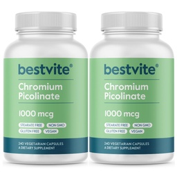 BESTVITE Picolinate χρώμιο 1000mcg (480 κάψουλες χορτοφαγικής) (240 x 2) - Χωρίς Stearates - Όχι Φωσφορικό ασβέστιο - Vegan - Χωρίς γλουτένη - Μη ΓΤΟ