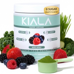 Διατροφή Kiala Super Greens, Βιολογικά Πράσινα Σκόνη με Spirulina & Chlorella για Digestion, Υγεία κόκκων, Ανοσία, Ενέργεια, Χωρίς γλουτένη, Vegan, Χωρίς ζάχαρη, Μικτό μούρο, Spectra Blend, 30 Μερίδες
