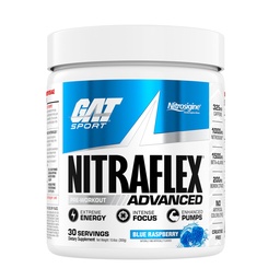 GAT SPORT Nitraflex Advanced Pre-Wortout σκόνη, αυξάνει τη ροή του αίματος, ενισχύει τη δύναμη και την ενέργεια, βελτιώνει την απόδοση της άσκησης, (Blue Raspberry, 30 εξυπηρετούν)