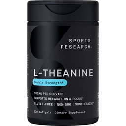 Sports Research Double Strength L-Theanine Supplement - Suntheanine Softgels for Focus, Relaxation & Alertness - Μη Νυσταγμένη Υποστήριξη Κατασκευασμένη με Λάδι Καρύδας, Χωρίς Γλουτένη - 200mg, 120 Count