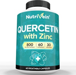 Nutrivein Ψευδάργυρος Quercetin Συνδυασμένο συμπλήρωμα - Ενισχυμένη-Απορρόφηση Quercetin με Ψευδάργυρο για το αναπνευστικό, καρδιο, ανοσοποιητικό, & υποστήριξη πλήρους σώματος - Μέγιστη βιοδιαθεσιμότητα