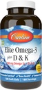 Carlson - Elite Omega-3 Plus D & K, 700 mg Omega-3s + D3 & K2, Λειτουργία, Υγεία των οστών & ανοσοποιητική υποστήριξη, λεμόνι, 180 Softgels
