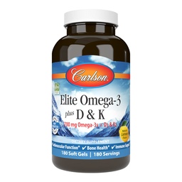 Carlson - Elite Omega-3 Plus D & K, 700 mg Omega-3s + D3 & K2, Λειτουργία, Υγεία των οστών & ανοσοποιητική υποστήριξη, λεμόνι, 180 Softgels