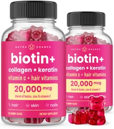 NutraChamps Δέρμα μαλλιών & Καρφιά Gummies, Βιοτίνη με κολλαγόνο & κερατίνη, 5000mcg Biotin Beauty Complex, συμπλήρωμα βιταμίνης, Berry, 120 Count, υγιή μαλλιά, Radiant Skin & Strong Nails (Pack of 2)
