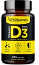 Phi Naturals Vitamin D3 1000iu Softgels Supplement Olive Oil Base 365 Gel Caps One Year Supply of VIT D, Vitamina D 3 1000 iu