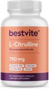 BESTVITE L-Citrulline 750mg ανά καψάκιο (120 κάψουλες χορτοφαγικής) - Όχι Stearates - Όχι Silica - Χωρίς πληρωτικά - Μη ΓΤΟ - Χωρίς γλουτένη - Vegan