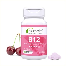 EZ τήγματα B12 Υπογλώσσια Βιταμίνη 2.500 mcg, Μεθυλοκοβαλαμίνη, Χωρίς ζάχαρη, 3-μηνη προσφορά - 1 συσκευασία