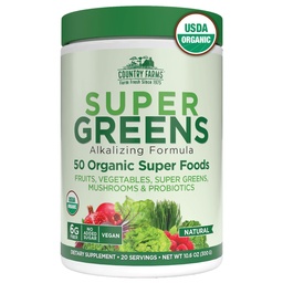 Χώρα Αγροκτήματα Βιολογικά Super Greens Φυσικό Γεύση, 50 Βιολογικά Super Foods, Συσκευασμένα με Ίνες, USDA Βιολογικό Μείγμα Ποτών, Φρούτα, Λαχανικά, Μανιτάρια & Προβιοτικά, Υποστήριξη Ενέργειας, 6g Fiber