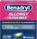 Benadryl Liqui-Gels Antihistamine Allergy Medicine & Cold Symptom Relief, Dye-Free Liquid Gels with 25 mg of Diphenhydramine HCl for Symptoms Such As, Runny Nose, Sneezing & More, 48 ct