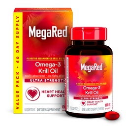 MegaRed Ultra Strength 1000mg Omega-3 Krll Oil Supplement with EPA/DHA, Ασταξανθίνη & Φωσφολιπίδια, No Fish Oil Aftressite Supports Heart, Brain, Joint and Eye Health, 60 Count Softgels.