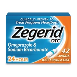 Zegerid OTC, 24ωρη ανακούφιση από εγκαύματα καρδιάς, Acid Reflux Medicine και Antacid, Αντιμετωπίζει συχνές εγκαύματα καρδιάς, Omeprazole 20mg + Διττανθρακικό νάτριο, Proton αντλία Inhibitor (PPI), 42 κάψουλες