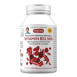 ANDREW LESSMAN Βιταμίνη B12 500 360 Κάψουλες - Απορρόφηση-προστατευόμενη μεθυλοκοβαλαμίνη (Φυσικό συνένζυμο Βιταμίνη B12), Απαραίτητη για την ενέργεια και την υποστήριξη του στρες, Plus B-Complex, εύκολο να καταπιούν κάψουλες