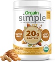 Orgain Organic Simple Vegan Protein Powder, Φυστικοβούτυρο - 20g φυτικής πρωτεΐνης, με λιγότερα συστατικά, χωρίς τεχνητά γλυκαντικά, χωρίς γλουτένη, χωρίς γαλακτοκομικά ή λακτόζη, 1,25 lb (συσκευασία Μαΐου Vary)