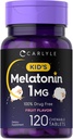 Carlyle Kids Melatonin 1mg | 120 Chewable Tabletler | Meyve Flavor | Vegetarian Supplement | Non-GMO, Gluten Free Formula
